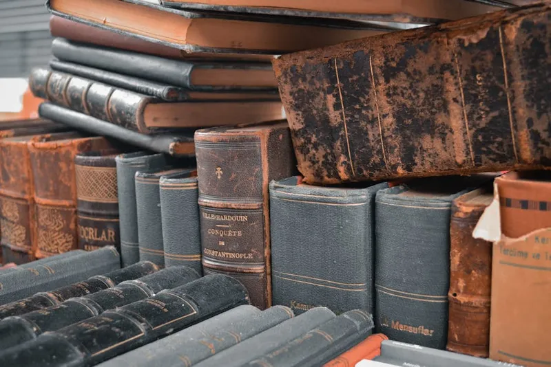 old leather book stack